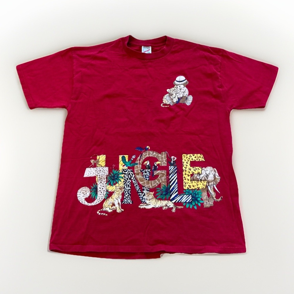 Vintage Grandmacore Shirt Mens L Jungle Safari Red Cotton Teddy Bear‎ 90s